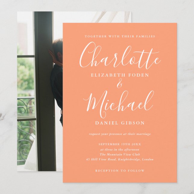 Peach Modern Signature Script Foto Hochzeit Einladung (Vorne/Hinten)