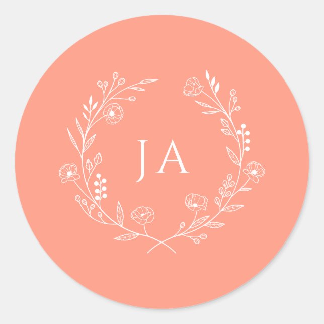 Peach Monogram Wedding Runder Aufkleber (Vorderseite)