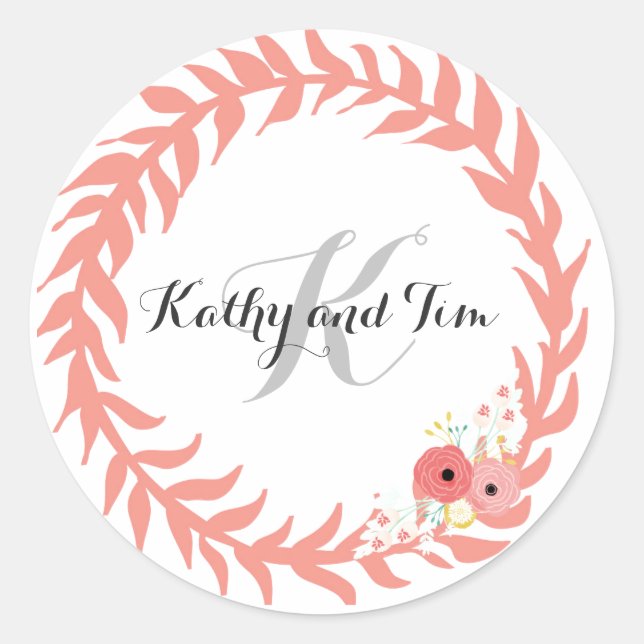 Peach Monogram Wedding Umschlag Aufkleber & Sticke (Vorderseite)