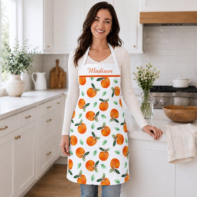 Peach-Muster Schürze (elegant cute whimsical orange peach apron with custom monogram name)