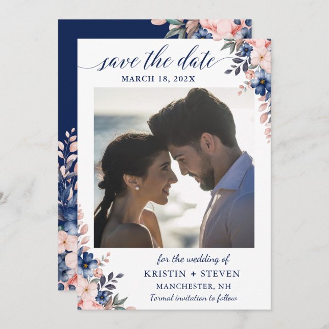 Peach Navy Blue Floral Foto Save the Date Card (Vorne/Hinten)