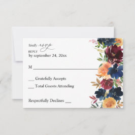 Peach, Navy, Burgund Floral no Meal RSVP Card Karte