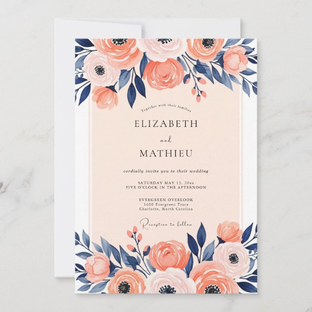 Peach Navy Illustrative Spring Wedding Einladung (Vorderseite)