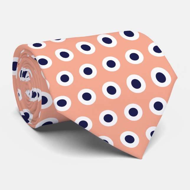 Peach & Navy Polka Dot Geometric Muster Circles Krawatte (Gerollt)