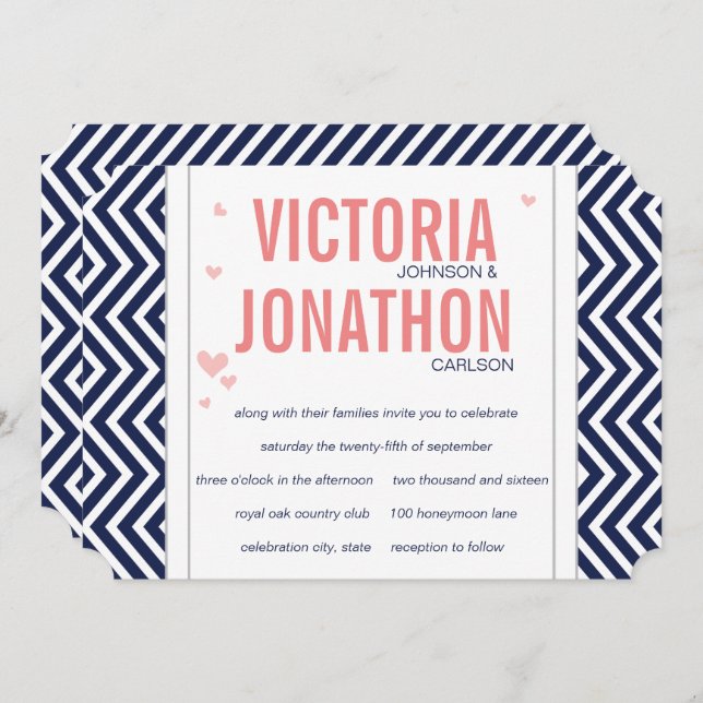 Peach Navy und Gray Zig Zag Typografy Wedding Einladung (Vorne/Hinten)