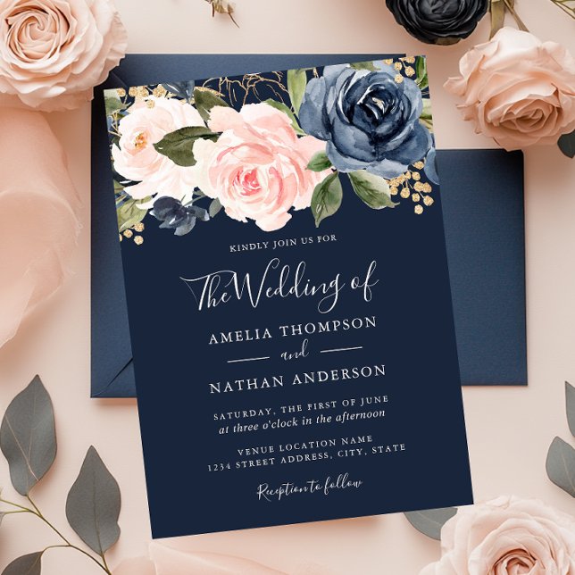 Peach Navy Wasserfarbe Florals Hochzeitsempfehlung Einladung (Von Creator hochgeladen)