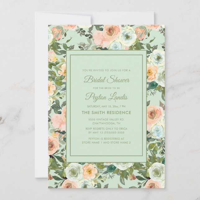 Peach Neo Mint Dusty Blue Floral Brautparty Einladung (Vorderseite)