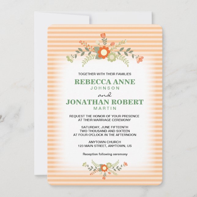 Peach & Olive Green Floral Wedding Einladung (Vorderseite)