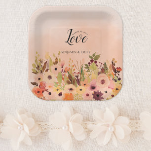 Peach Ombre Watercolor Floral Wedding Pappteller