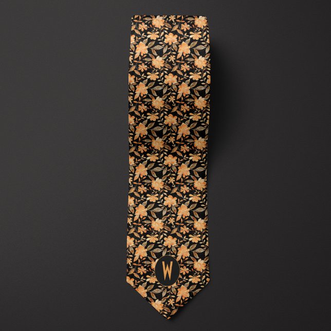 Peach on Black Floral Neck Tie Krawatte (Von Creator hochgeladen)