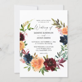 Peach Orange, Burgund & Navy Fall Floral Wedding Einladung