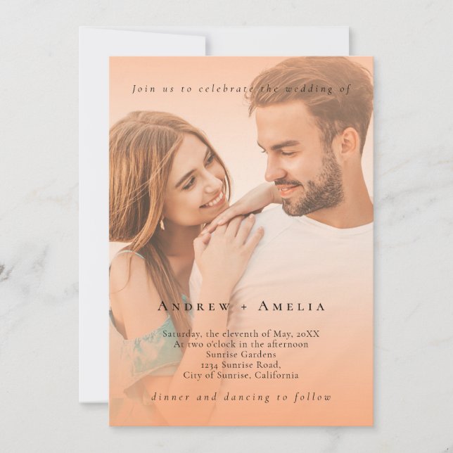 Peach Orange Fuzz Elegantes Foto QR Code Hochzeit Einladung (Vorderseite)