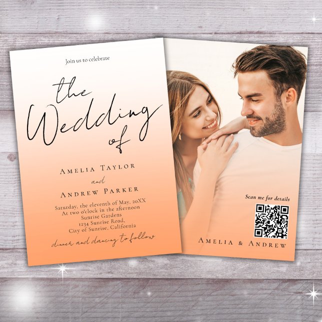 Peach Orange Fuzz Elegantes Foto QR Code Hochzeit Einladung (Von Creator hochgeladen)