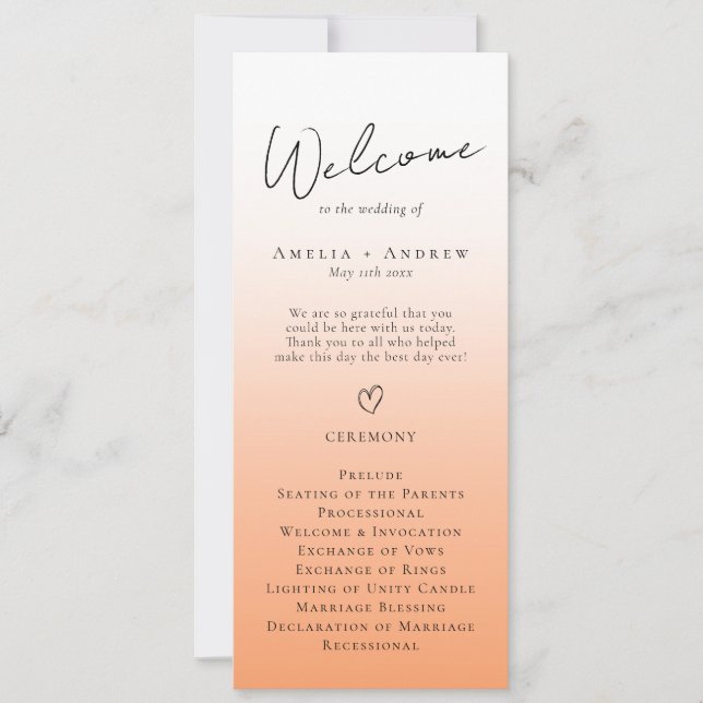 Peach Orange Fuzz Elegantes Hochzeitsprogramm (Vorderseite)