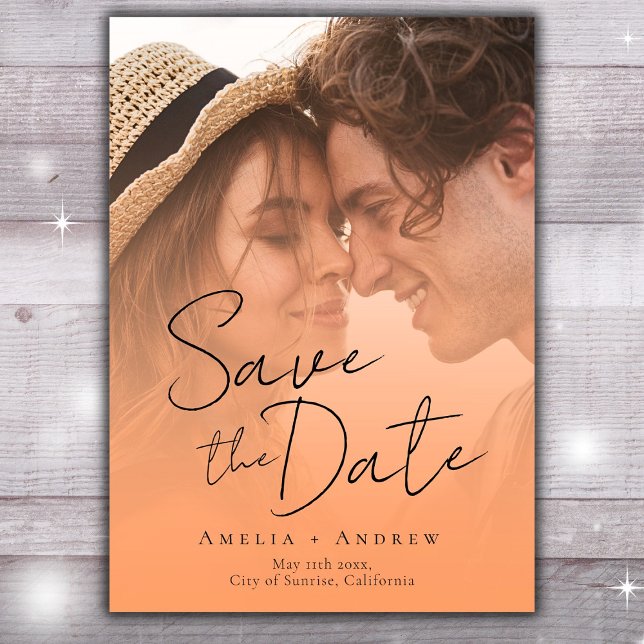 Peach Orange Fuzz Foto Elegantes Skript Hochzeit Save The Date (Von Creator hochgeladen)