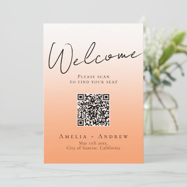 Peach Orange Fuzz Wedding QR Code Seating Chart (Stehend Vorderseite)