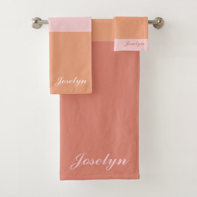 Peach Orange Ombre Moderner Minimalistischer Name Badhandtuch Set (Insitu)