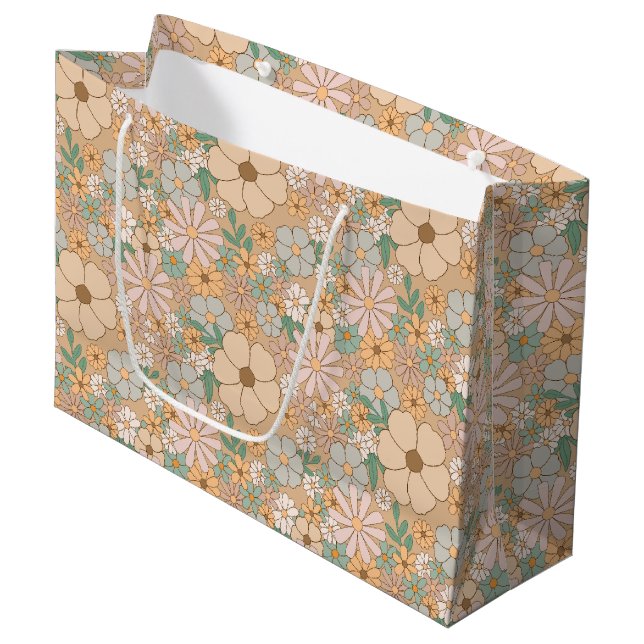 Peach Orange Pink Grau Floral Große Geschenktüte (Vorderseite Schrägansicht)