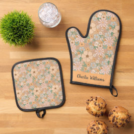 Peach Orange Pink Grau Floral Ofenhandschuh & Topflappen-Set
