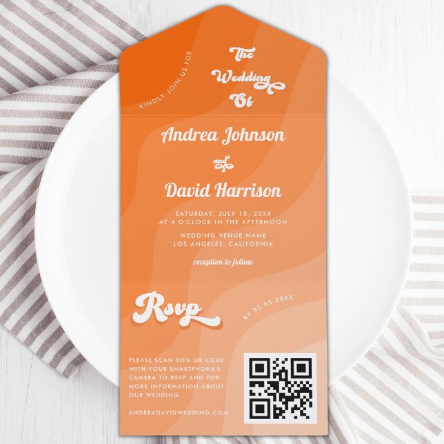 Peach Orange Retro Wave Groovy 70er QR Code Weddin All In One Einladung (Von Creator hochgeladen)