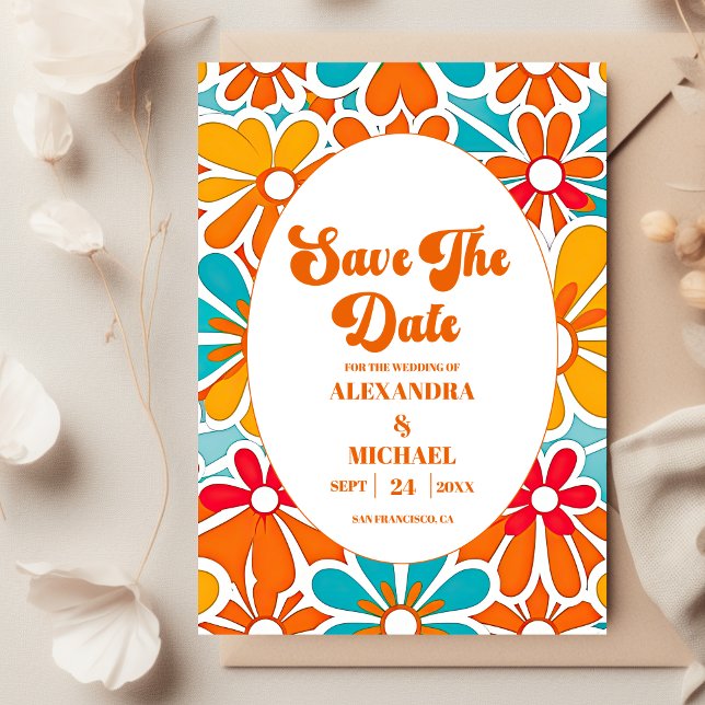 Peach Orange Retro Wave Groovy 70er Wedding Save The Date (Von Creator hochgeladen)