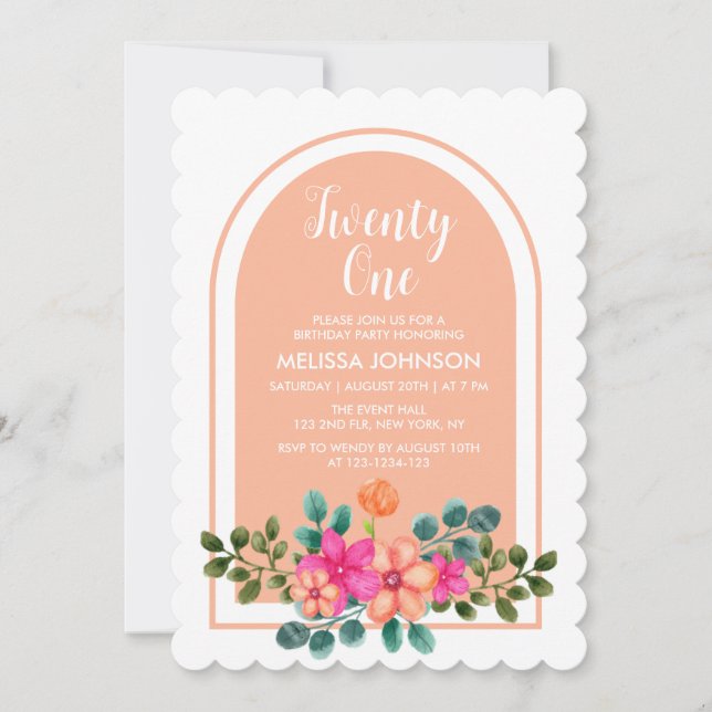 Peach Orange Spring Flora Botanischer 21. Geburtst Einladung (Vorderseite)