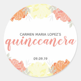 Peach Orange & Yellow Peonies Quinceañera Geburtst Runder Aufkleber