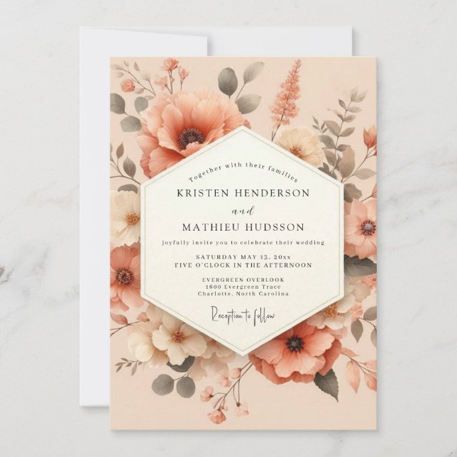 Peach Painterly Poppy Wedding Einladung (Vorderseite)