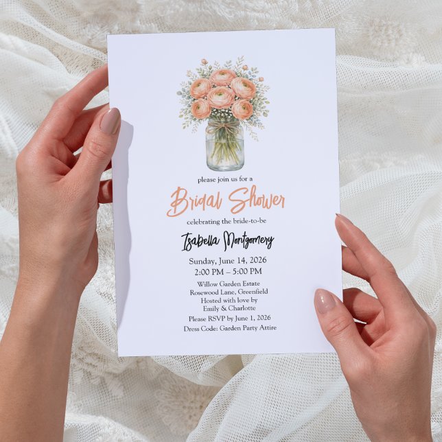 Peach Palette Ranunculus Mason Jar Bridal Shower Einladung (Peach Palette Ranunculus Mason Jar Bridal Shower Invitation
)
