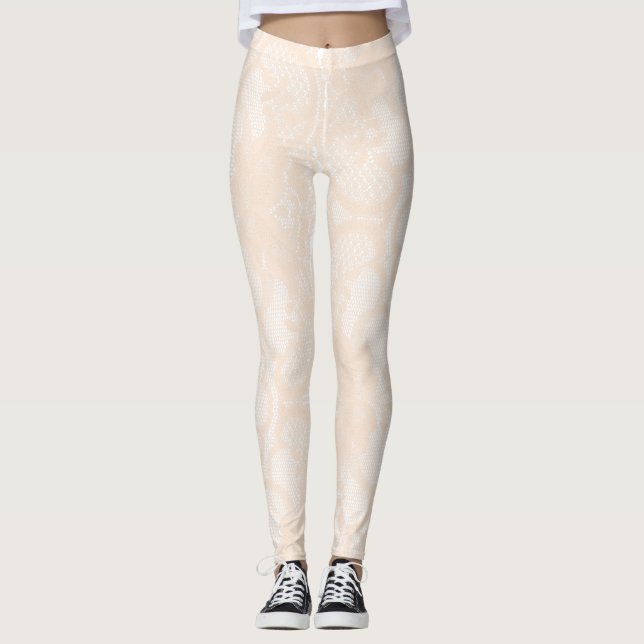 Peach Pastel Floral Delikates Pulver Creme Lace Leggings (Vorderseite)