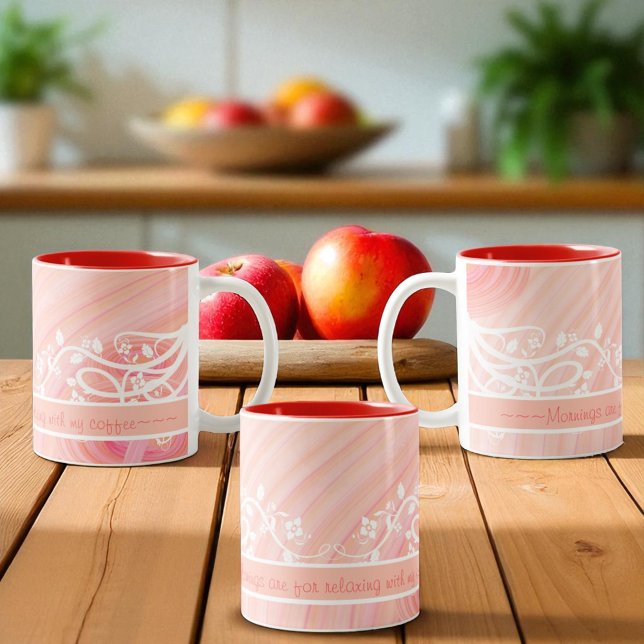 Peach Pastel Spirals and Filigree Artwork Zweifarbige Tasse (three side views to a template ceramic mug)