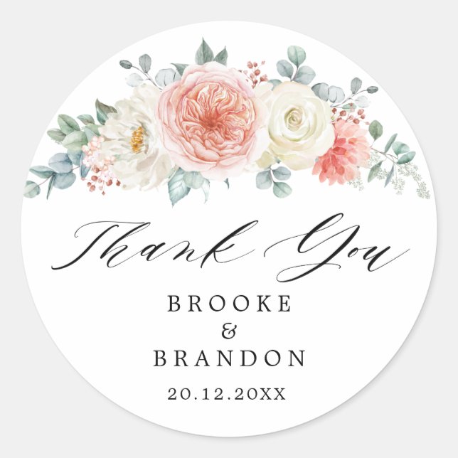 Peach Pastor Pink Floral Vielen Dank Runder Aufkleber (Vorderseite)
