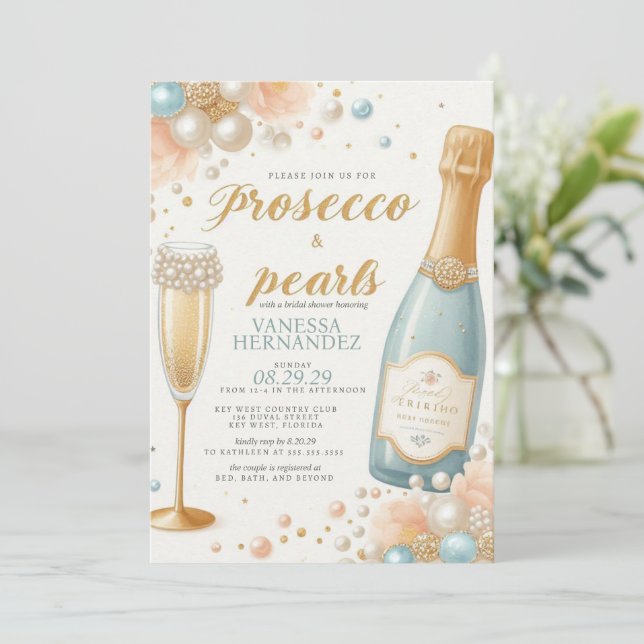 Peach Pearls and Prosecco Brautparty Einladung (Stehend Vorderseite)