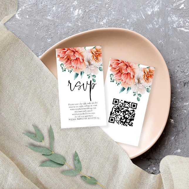 Peach Peonals Florals Script QR Code Wedding RSVP Begleitkarte (Von Creator hochgeladen)