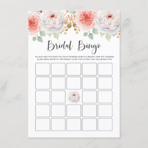 Peach Peonies and Gold Blätter Brautparty Bingo Begleitkarte