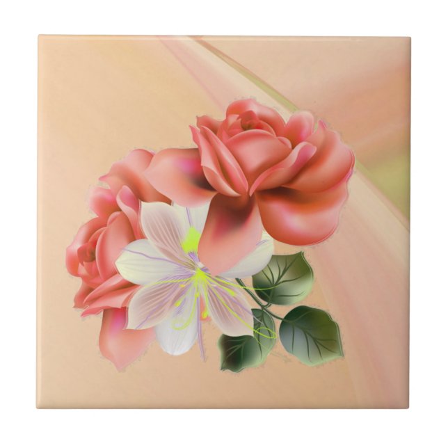 Peach Peonies Fliese (Vorderseite)