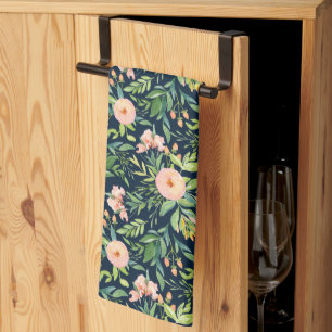 Peach Peonies on Dark Blue Kitchen Handtuch