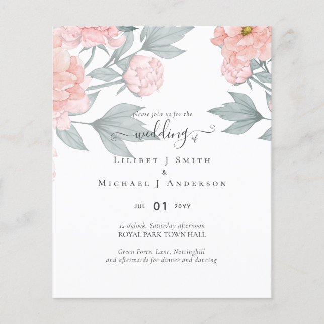 Peach Peonies Sage Floral Budget Hochzeit Flyer (Vorne)