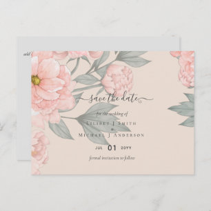 Peach Peonies Sage Floral Wedding Rett Dates Postkarte