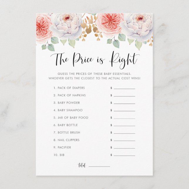 Peach Peonies und Gold Blätter Raten Sie das Preis Begleitkarte (Vorderseite)