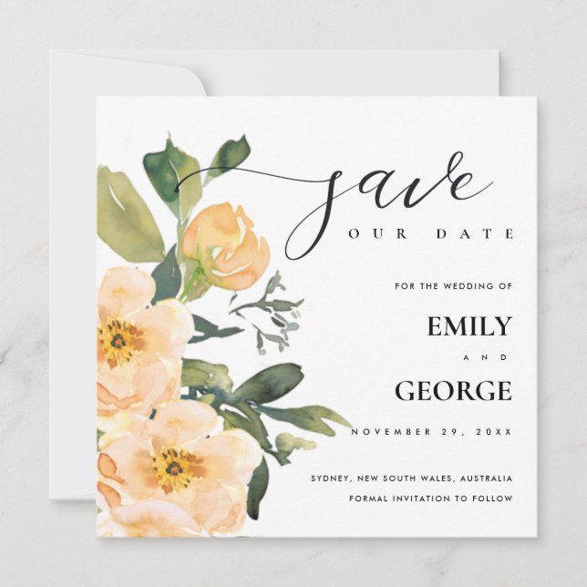 PEACH PEONWATERCOLOR FLORAL SAVE THE DATE CARD DANKESKARTE (Vorderseite)