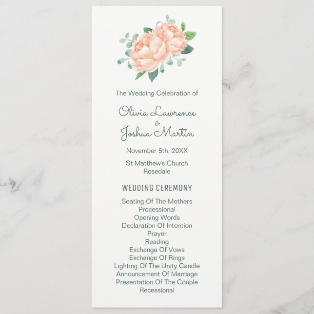 Peach Peony & Eukalyptus Weddingprogramme Programm (Vorderseite)