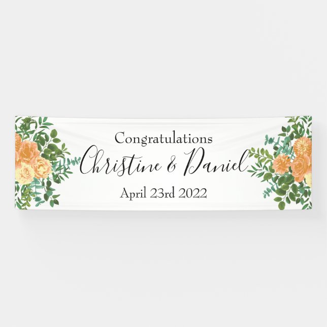 Peach Peony & Rose Floral Wedding Banner (Horizontal)
