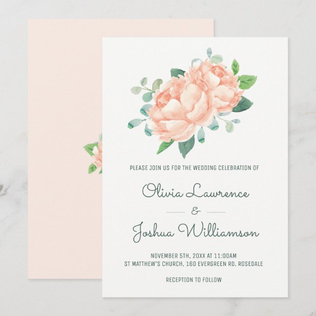 Peach Peony Watercolor Einladungen für Hochzeiten (Vorne/Hinten)