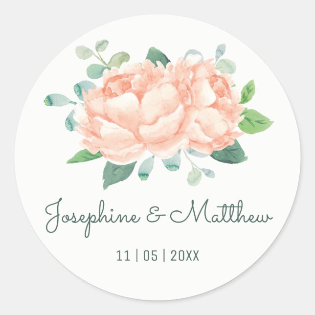 Peach Peony Watercolor Wedding Stickers (Vorderseite)