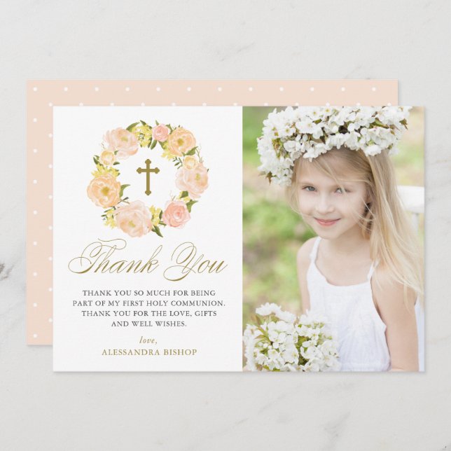 Peach Peony Wreath Erster Kommunion Foto Dankeskarte (Vorne/Hinten)