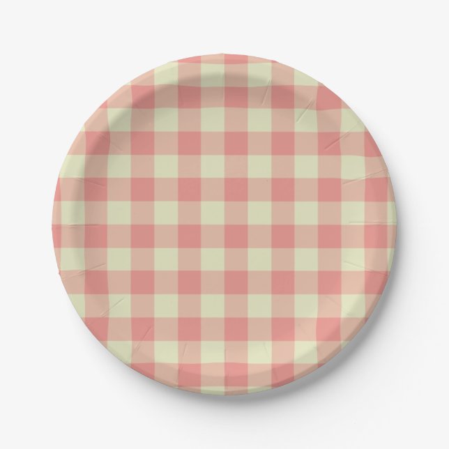 Peach Pink and Cream Gingham Pattern Pappteller (Vorderseite)