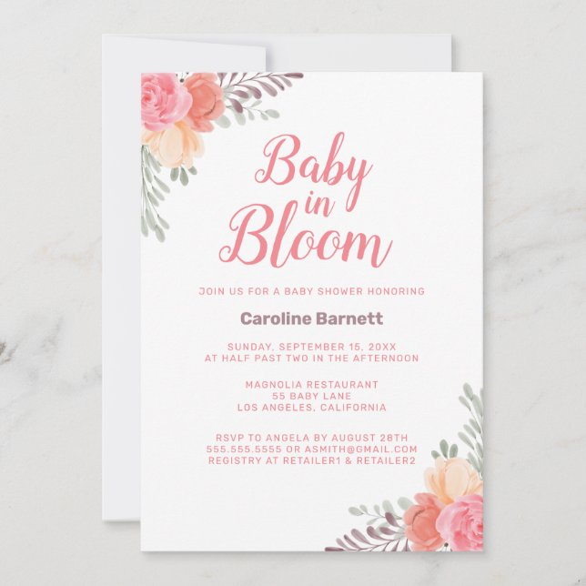 Peach Pink Baby in Bloom Baby Dusche Einladung (Vorderseite)