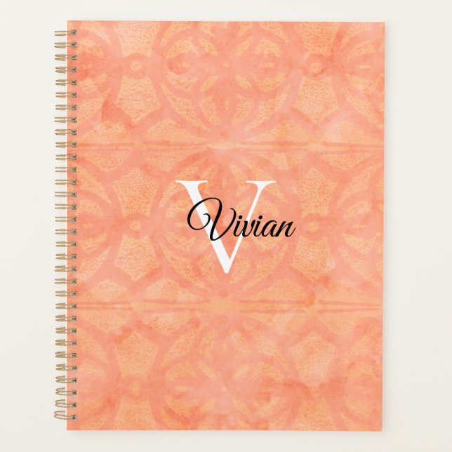 Peach Pink Batik Elegante Monogram Name Planer (Vorderseite)
