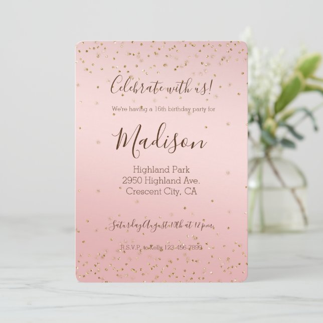 Peach Pink Blush Gold Glitz Confetti Sparkone Einladung (Stehend Vorderseite)